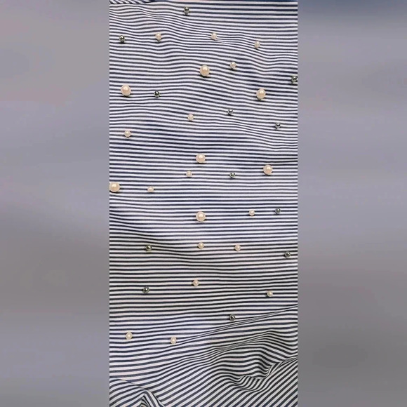 Kontrol L Size Medium Blue/White Striped Blouse Pearl Accents - Picture 2 of 8